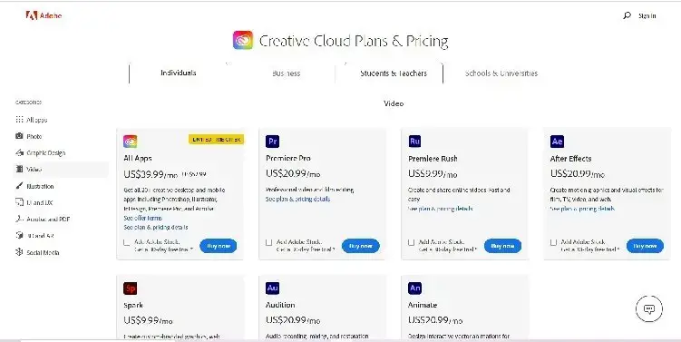 Página de preços do Adobe Premiere Pro CC