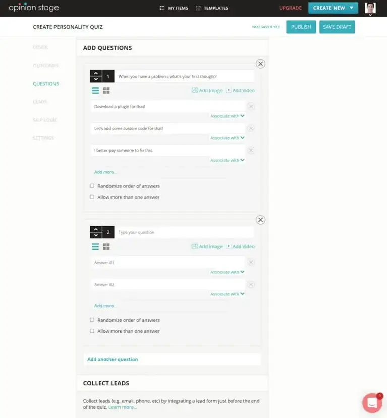 Etapa de feedback adicionando perguntas