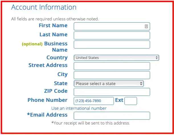 Bluehost -registreringsproces: tilføj personlige oplysninger