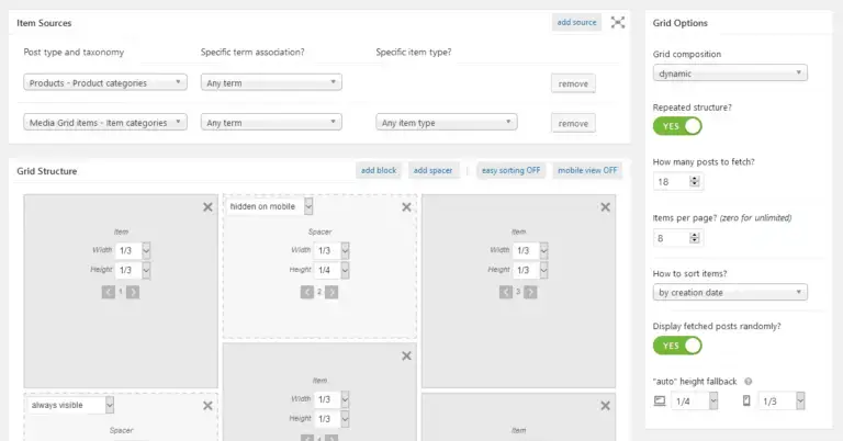 Options de grille du plugin Media Grid