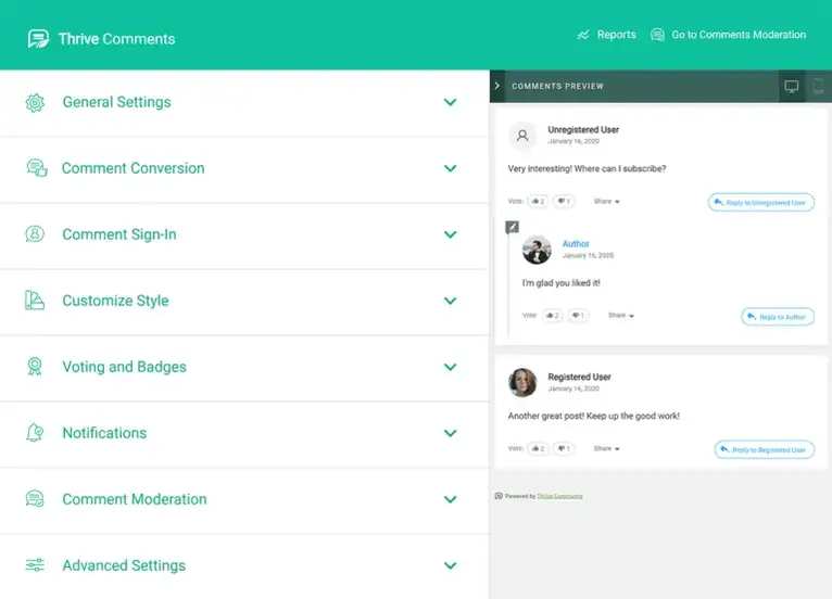 Area delle impostazioni di feedback prospera
