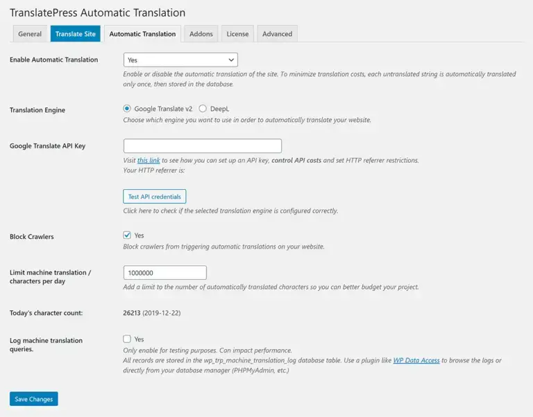 Configurações de tradução automática do TranslatePress