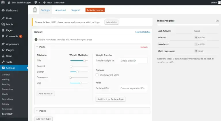 Paramètres SearchWP