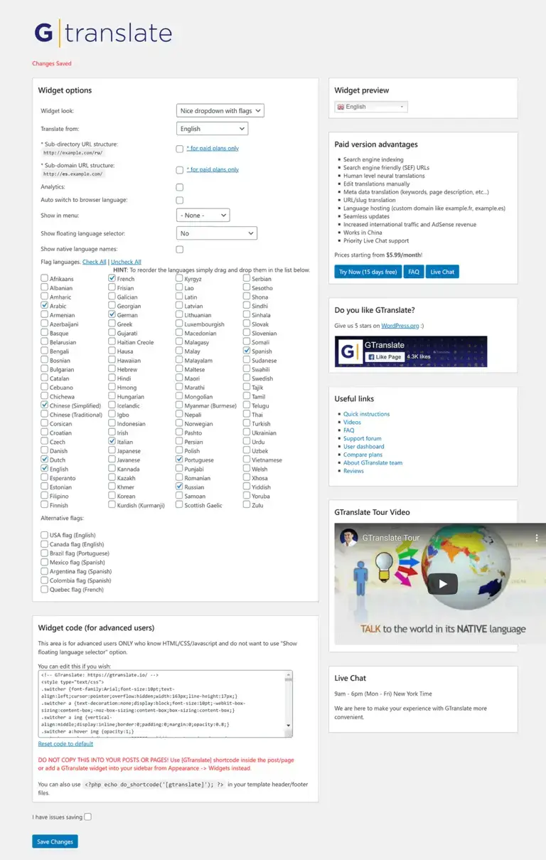 Página de configurações do GTranslate