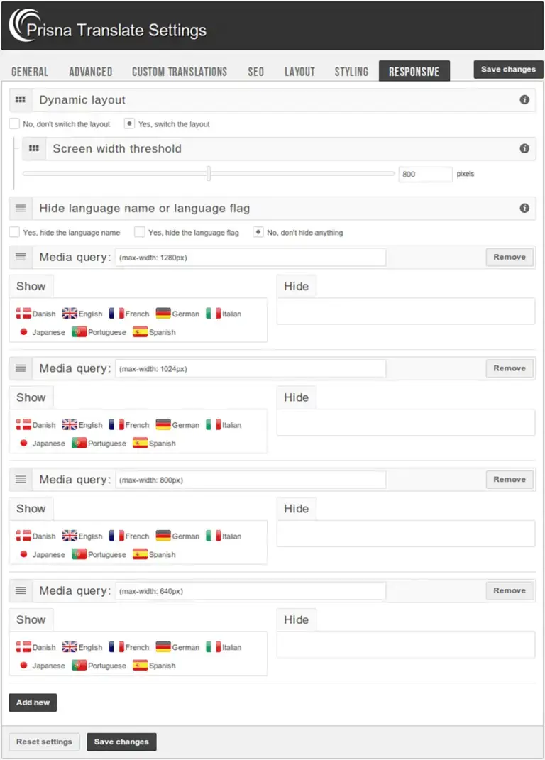 Configurações responsivas no Google Website Translate