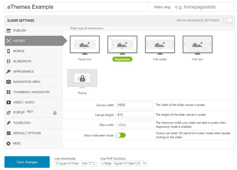 configurações do controle deslizante de camada